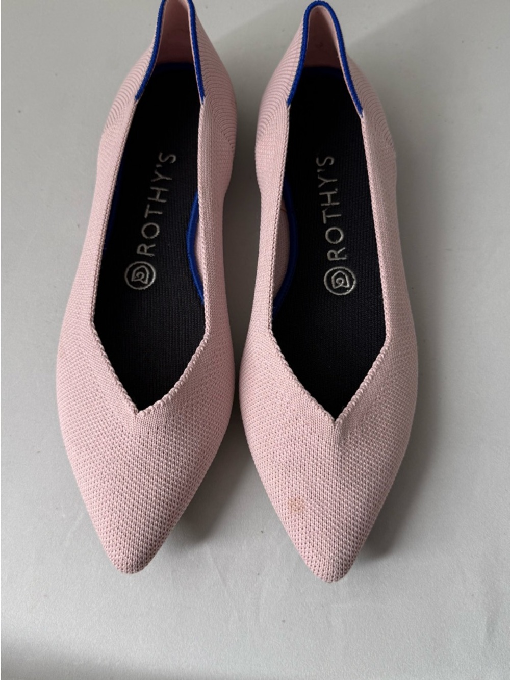 Rothy's Pointed Knit Flats in Blush Pink with Blue Trim